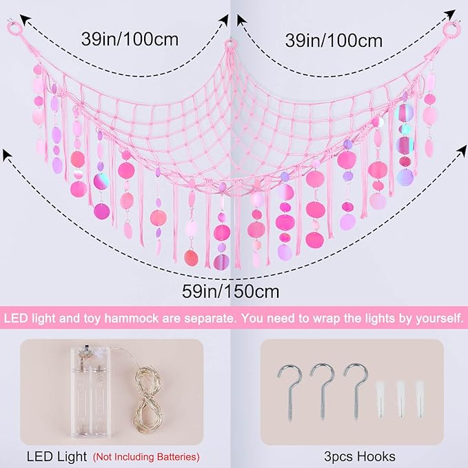 FIOBEE Stuffed Animals Hammock Net Toy Storage Organizer with LED Light, Stuffed Animals Storage Girls Room Décor Wall Hanging with Sequins for Kids Bedroom Nursery Playroom, Light Pink