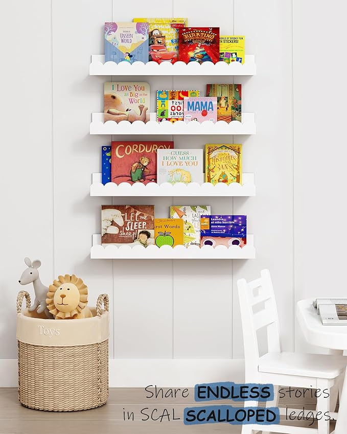 Scalloped Nursery Floating Shelves for Wall Set of 4, White Kids Book Shelves Wall Mounted, Cloud Hanging Bookshelf for Baby Toddler Child Girls Boys Room Bathroom Bedroom Toys (Pine Wood)