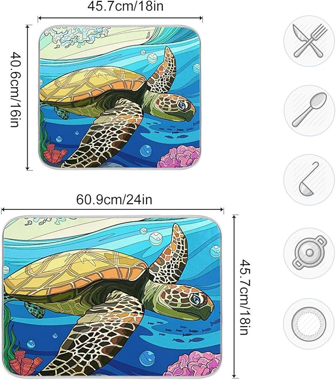Absorbent Dish Drying Mat for Kitchen Counter - Blue Turtle Microfiber Drying Pad, Reversible Drainer Mats for Countertop, Small 16" x 18"