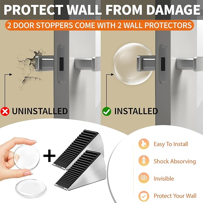 ZDZQJIA Heavy Duty Door Stoppers for Bottom of Door -Adjustable Spring Large Door Stop Wedge, Anti-Slip Rubber Grip,3" High Metal Doorstop Suits Carpet,Tile,Commercial,Home-Silver2Pc+2 Wall Protectors