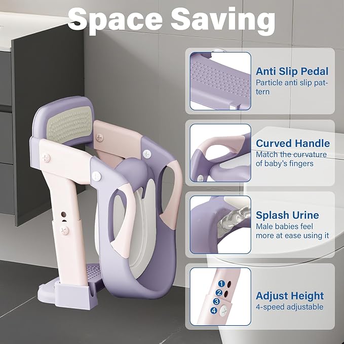 3 in 1 Potty Training Seat for Toddlers Adjustable Toilet Trainer with Anti-Slip Steps and Splash Guard Converts to Step Stool & Child Toilet Chair Foldable Design for Boys & Girls(Purple)
