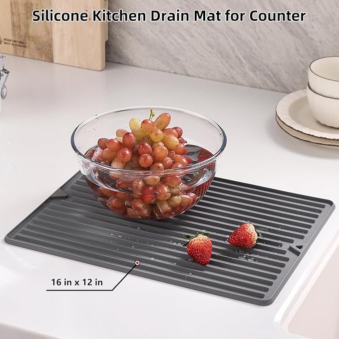 Dish Drying Mat, Flexible Silicone Drying Mat for Kitchen Counter, Heat Resistant Silicone Trivet for Countertop Protector, Super Thick Non-Slip Dish Drying Pad for Under Rack, 12” x 16”