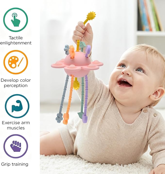 Little Rawr Silicone Baby Sensory Montessori Toys & Pull String Toys for 18 M+, Toddler Birthday Gift Car Seat Airplane Travel Toy for 1 2 Year Old Boy Girl Infant 18 Months Old (Pink)