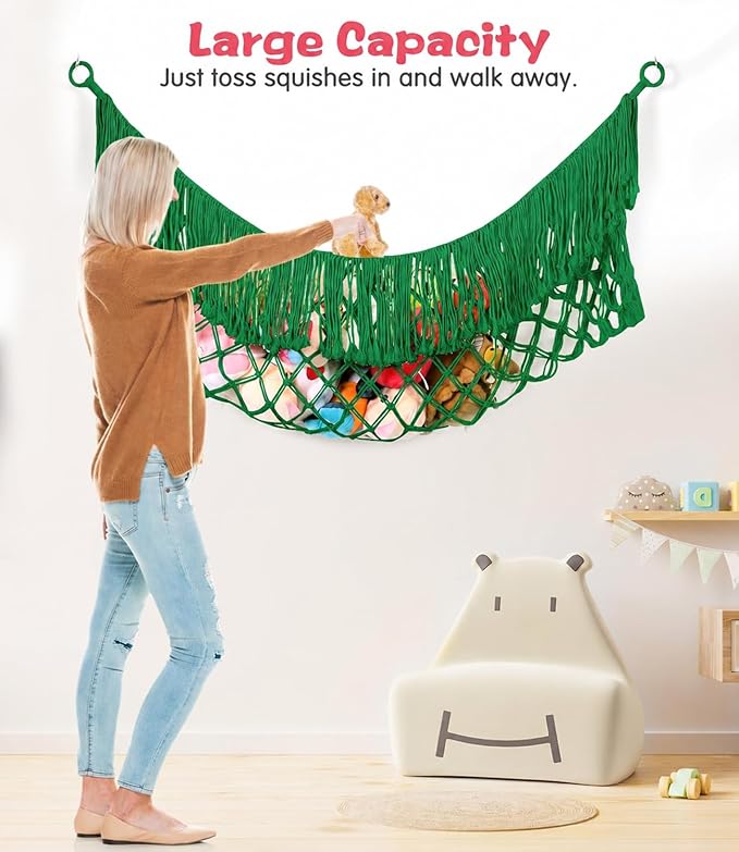 Stuffed Animal Hammock - Extra Large 63'' Long, Stuffed Animal Storage, stuffed animal Holder net, Hammock Large, Storage Hanging Organizer - Emerald green