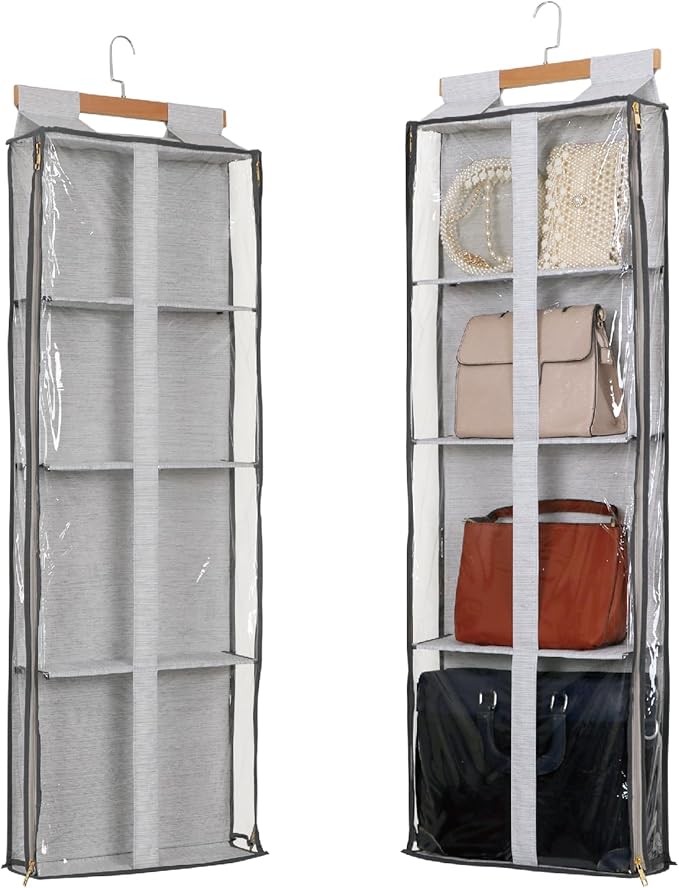 JINOKADI Clear Hanging Handbag Storage Organizer with Zippers, Easy Access Purse,Toy,Yarn,Hat Storage Holder Over The Door Purse Organizer Space Saving 4 Pockets for Closet Bedroom Living Room (Grey)