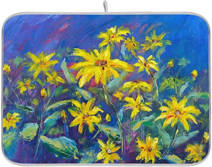 Absorbent Dish Drying Mat for Kitchen Counter - Oil Painting Flowers Microfiber Drying Pad, Reversible Drainer Mats for Countertop, Small 16" x 18"