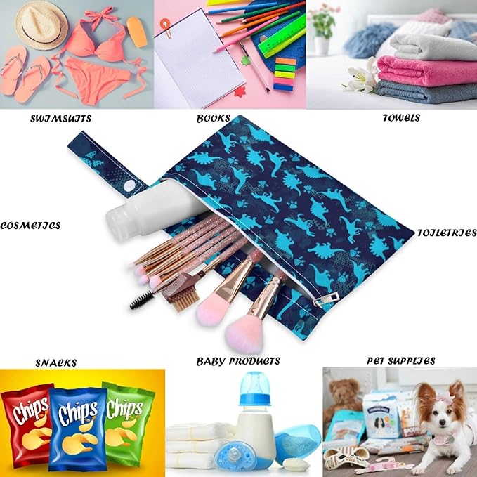 visesunny Blue Dinosaur Footprint 2Pcs Wet Bag with 2 Zippered Pockets Snap Handle Washable Reusable Roomy for Travel,Beach,Pool,Daycare,Stroller,Diapers,Dirty Gym Clothes, Wet Swimsuits, Toiletries