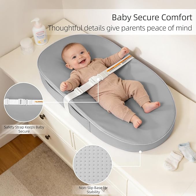 Baby Changing Pad, Waterproof Vegan Leather Wipeable Diaper Changing Pad with Safety Strap Non-Slip Changing Mat for Dresser & Table