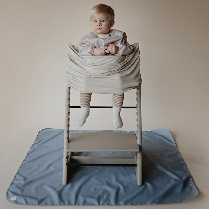 mushie Baby Splat Mat 42.5x42.5 Inch (Blue Check) | Water Resistant for Under High Chair and Infant Play