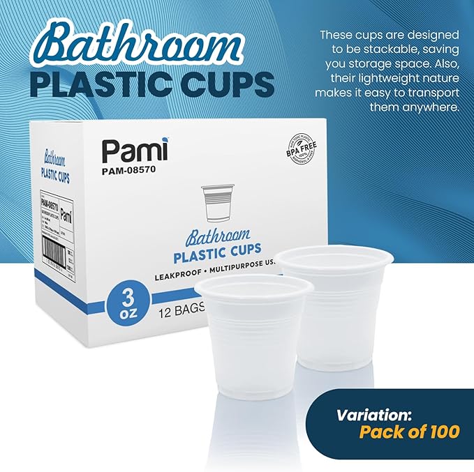 PAMI Plastic Bathroom Cups, 3oz [Pack of 100]- Disposable Mini Mouthwash Cups- Food-Safe & BPA-Free Rinse Cups- Multipurpose & Leakproof Stackable Bath Cups- Great for Medicine, Espresso, Shots