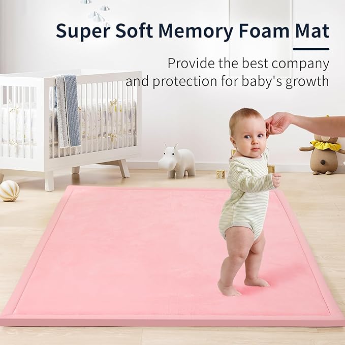 ACOMOPACK Baby Play Mat for Floor 1.3" Thick Memory Foam Play Mat 79"×118" Tummy Time Crawling with Non-Slip Bottom for Living Room,Nursery,Soft Velvet Playpen Mats for Kids,Infants（Pink）