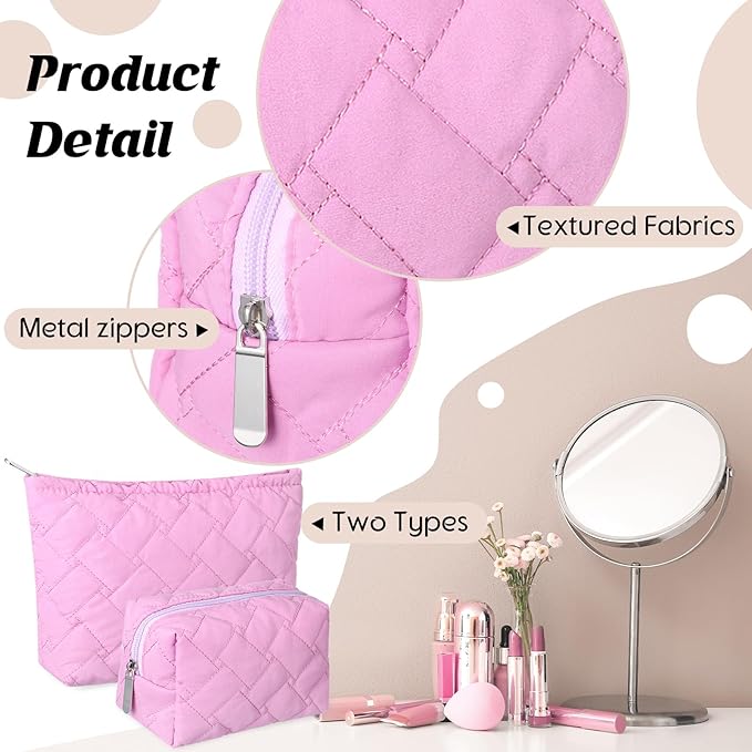 2 Pc Makeup Bag Set Cute Quilted Cosmetic Pouch for Women Travel Toiletry Bag Preppy Small Makeup Purse Pouch Skincare Brushes Storage Organizer Pencil Case Set(Knitted,Quilted,Rose Pink)