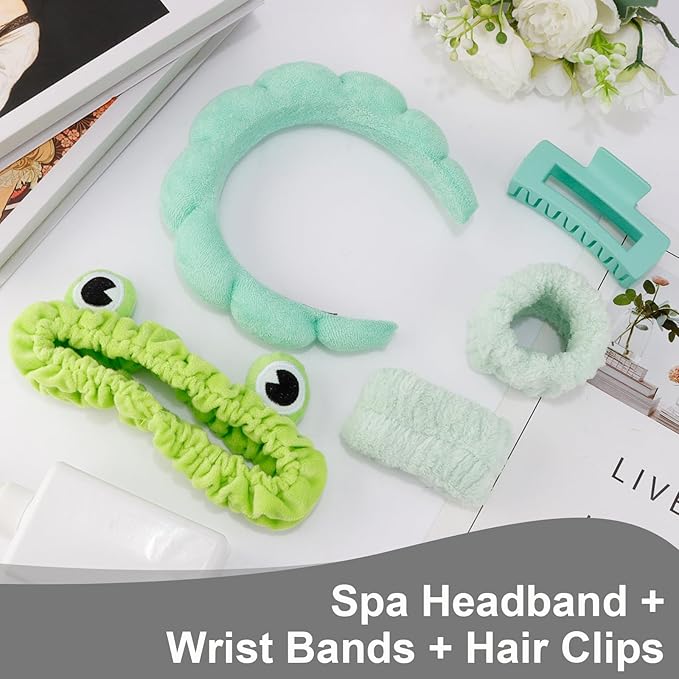 Canitor Spa Headband Wrist Bands with Hair Clips Green Frog Makeup Skincare for Washing Face Skin Care Preppy Teen Girl Gifts Cute Trendy Stuff Hair Accessories for Women