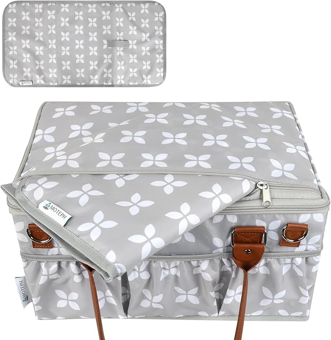 Moteph Diaper Caddy with Changing Mat, Large Baby Diaper Caddy Organizer with Lid, Portable Organizer Basket for Nursery and Car, Shoulder Strap and Pacifier Organizer