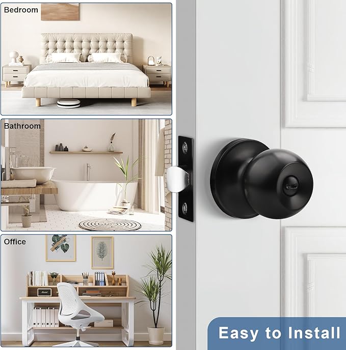 Knobonly 5 Pack Privacy Door Knobs Matte Black, Keyless Door Knobs Interior for Bedroom and Bathroom, Round Door Handles Stainless Steel, Classic Design