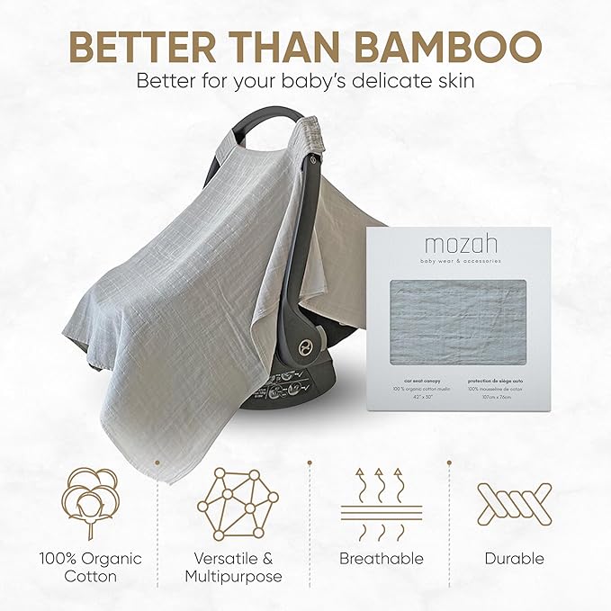 MOZAH Baby Car Seat Cover - Belgian Grey - 100% Organic Muslin - Soft, Breathable and Lightweight, Baby Infant Car Seat Essentials