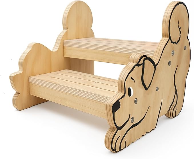 Motherly Haven Wooden Step Stool for Toddlers & Kids, 2-Step Dog Design, Anti-Slip Bathroom Toilet Potty Training Stool, Durable Kitchen Step Stools for Independence & Safety