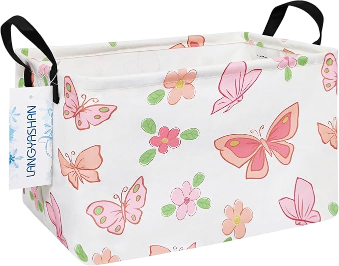 LANGYASHAN Rectangular Storage Bin Collapse Canvas Fabric Cartoon Storage Basket with Handles for Organizing Home Kitchen Boys and Girls Toys Office Closet Shelf Baskets (Rec Pink Butterfly)