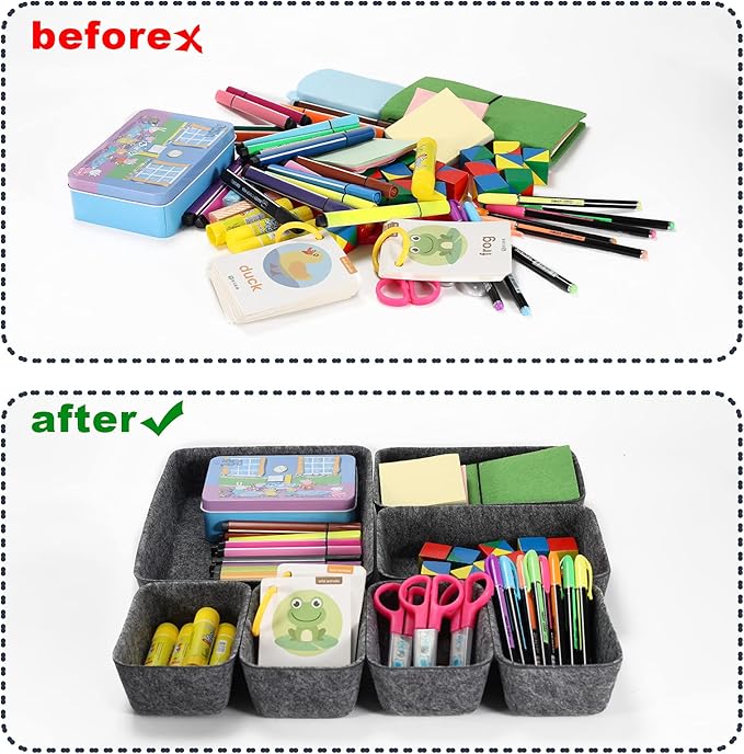 Desk Drawer Organizer Tray Dividers Set Kitchen Bathroom Office Drawer Organizers Separators Shallow Felt Storage Bins Container for Makeup Juck Jewelry Utensils Tools Dresser, Grey, 7 Pack