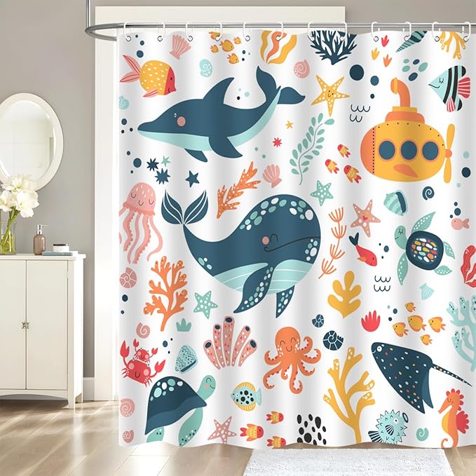 Kids Cartoon Ocean Shower Curtain Cute Fish Sea Turtle Whale Dolphin Funny Underwater Submarine Animal Sea Life Children Home Bathroom Decor Waterproof Fabric 72Lx60W Inch with 12PCS Hooks