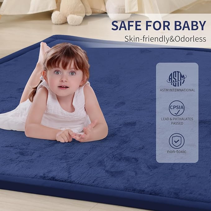 ACOMOPACK Baby Play Mat for Floor 1.3" Thick Memory Foam Play Mat 59"×71" Tummy Time Crawling with Non-slip Bottom for Living Room,Nursery,Soft Velvet Playpen Mats for Kids,Infants（Royal Blue）