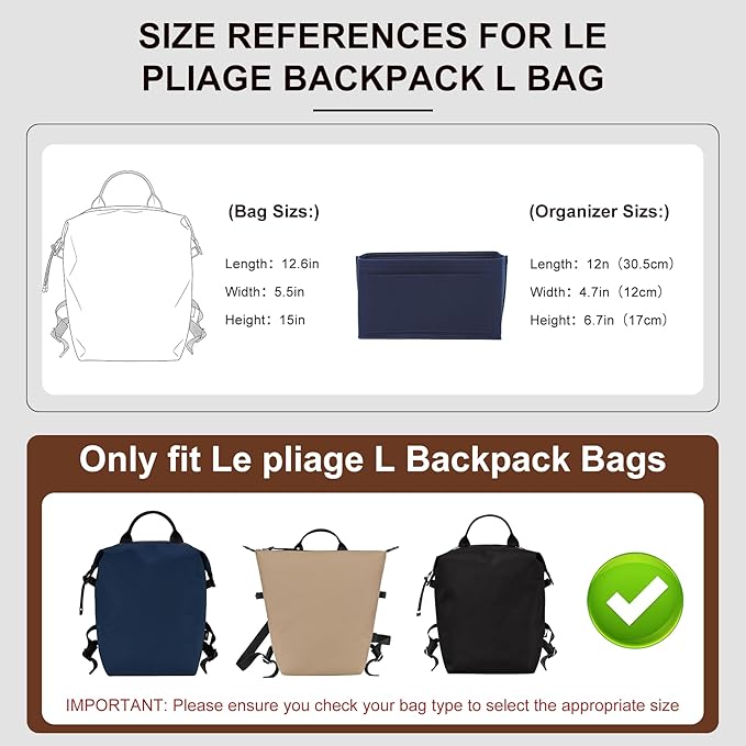 Premium Felt Purse Organizer Insert Compatible with Long Champ Le Pliage L Backpack, Lightwieight Bag Divider Shaper with 8 Pockets & YKK Zipper, Blue/LB
