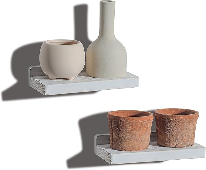 Freezing point Small Floating Shelves for Wall Set of 2 Natural Wood 8Inch Mini Wall Shelf Decor Plant Display Collectibles Mounted Kitchen Bathroom Bedroom Corner Decorative Storage Tiny Stand White