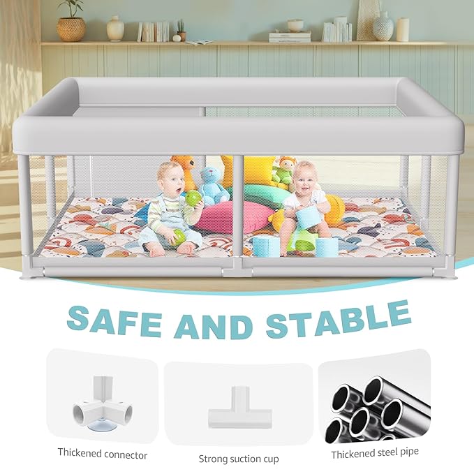 Baby Playpen with Mat 65 x 50 Inch, PlayPen for Babies and Toddlers, Sturdy Safety Play Yard for Indoor & Outdoor with Zipper Gates