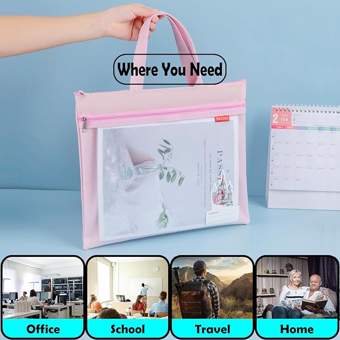 BRZUKA Mesh Zipper Pouch 11x13.7 in, A4 Double Pocket Waterproof File Bag with Handle, Document Storage for School/Travel/Office/Cross Stitch/Puzzle (Pink)
