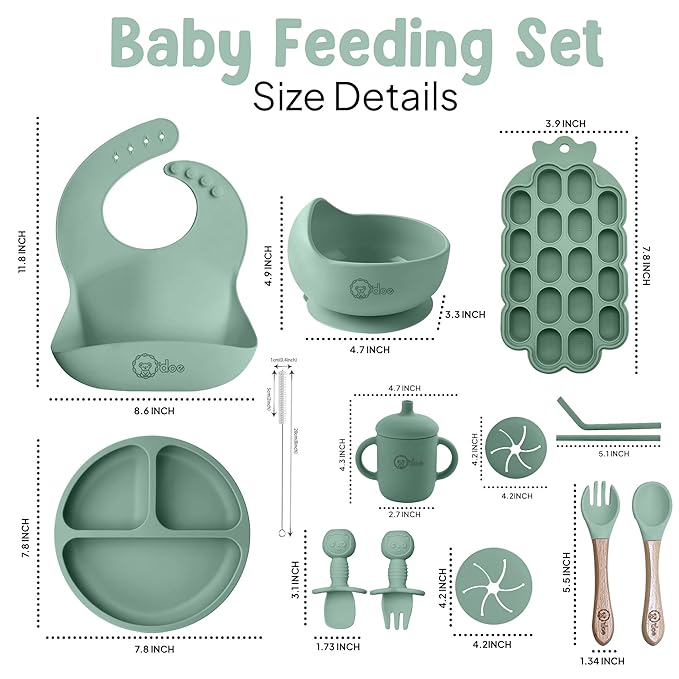O'doe Baby Weaning Set – 15 Pcs Silicone Baby Feeding Set with Suction Plate, Bowl, Bib, Sippy Cup, Fruit Feeder & Freezer Tray – Baby Plates and Bowls Set for 3M+ | BPA-Free Baby Dishes & Utensils