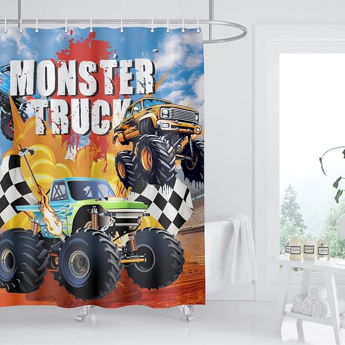 Monster Truck Shower Curtain Cool Cartoon Racing Car Boy Home Bathroom Decor Waterproof Fabric 72Lx72W Inch with Plastic 12PCS Hooks