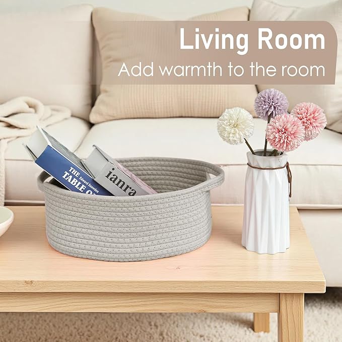 JMvicyroam Woven Basket,Small Rope Storage Bin with Handles & Ribbon Bag, Organizer for Shelves Closets,Gift Basket Empty for Birthday,Books,Dog Toys, Grey/2 Pack