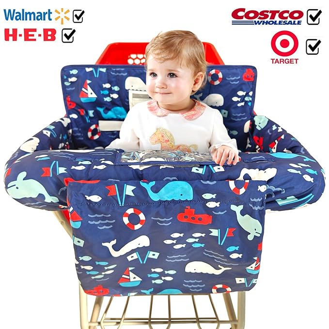 2-in-1 Shopping Cart and High Chair Cover for Baby, Padded Cover, Fold'n Roll Style, Portable with Carry Bag (Blue Whale)