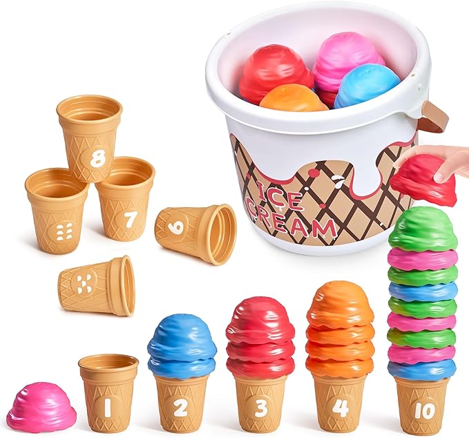 JoyCat Ice Cream Preschool Learning Activities Counting and Color Sorting Set Stacking Toy for Kids 1-5, Educational Fine Motor Skill Math Manipulative, 30PCS Play Food for Girl Toddler Valentine Gift