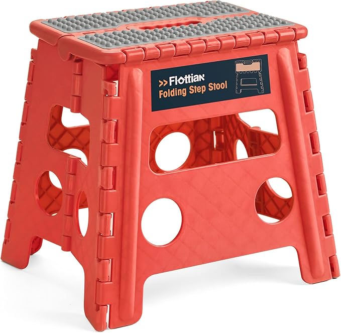 Flottian 13" Folding Step Stool for Adults and Kids Holds Up to 300 lbs,Non-Slip Folding Stools with Handle, Compact Plastic Foldable Step Stool for Bathroom,Bedroom, Kitchen Coral,1PC