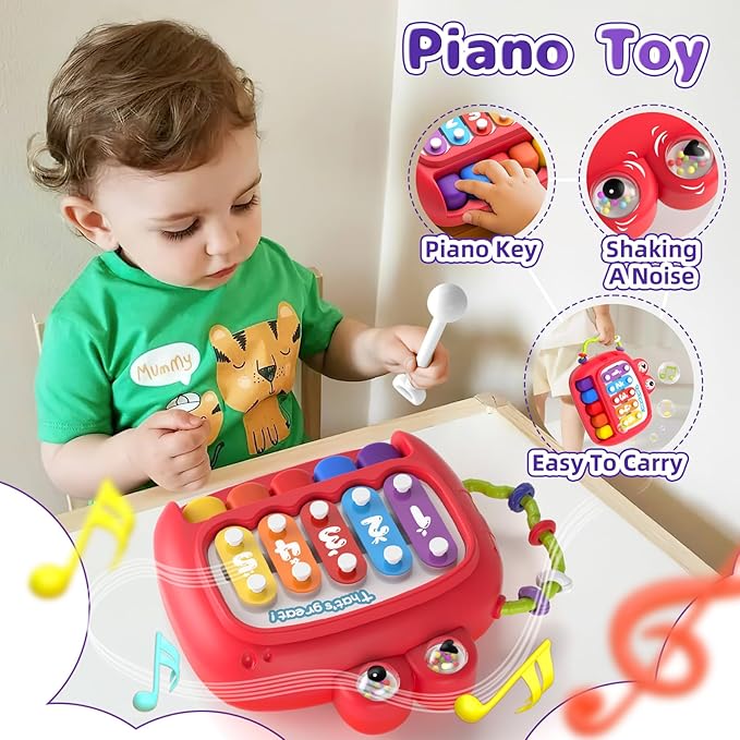 usrela 5 in 1 Baby Toy for 12 18 Month, Learning Toys for Babies 12-18 Months, Baby Busy Cube, Stacking&Sensory, Pull String&Piano Xylophone Toy, Birthday Gift for 12+ Month