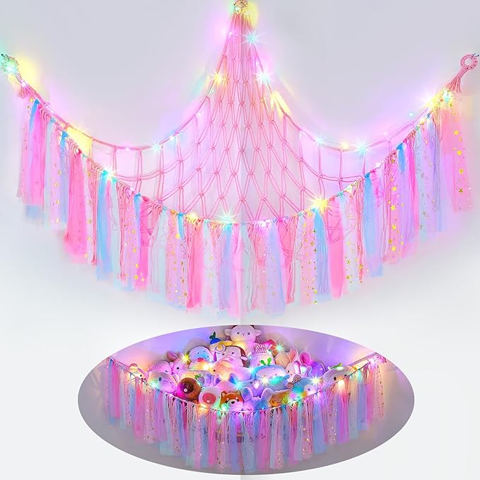 FIOBEE Stuffed Animals Net or Hammock with LED Light, Toy Hammock Hanging Stuffed Animals Storage Organizer Holder Room Décor for Nursery Kids Bedroom