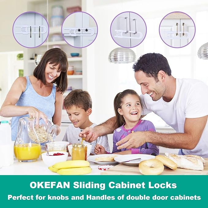 Sliding Cabinet Child Safety Locks - OKEFAN Baby Proofing Cabinet Lock Cupboard Latches for Kids on Closet Door Knobs Handles Pulls No Drill (8, White)