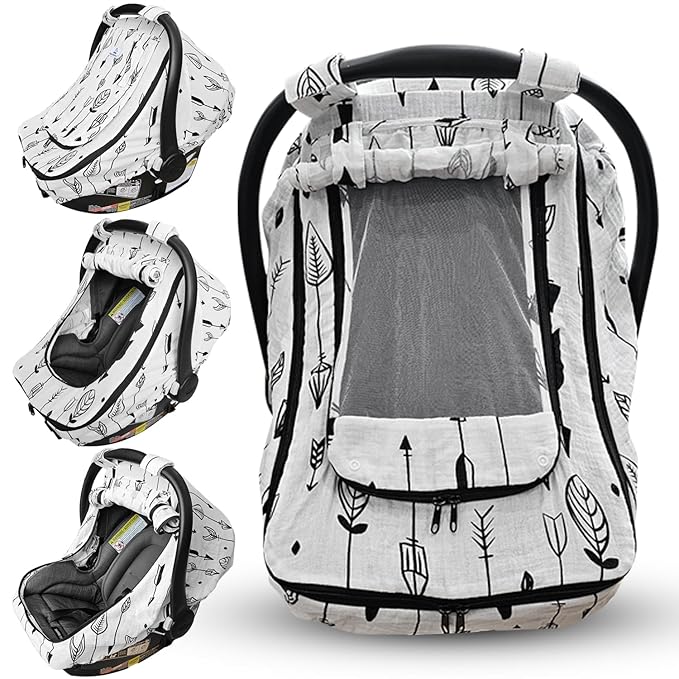 Car Seat Cover for Babies with 100% Cotton Muslin Material | Breathable Carseat Cover for Boys and Girls | Infant Car Seat Canopy for Boys and Girls (Arrows)
