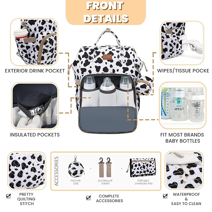 ROSEGIN Diaper Bag Backpack with Changing Pad, Pacifier Case, Baby Bag for Boy Girl Toddler - Large, Stylish, Waterproof Travel Quilted Diaper Bag for Mom - Baby Shower Registry - Cow