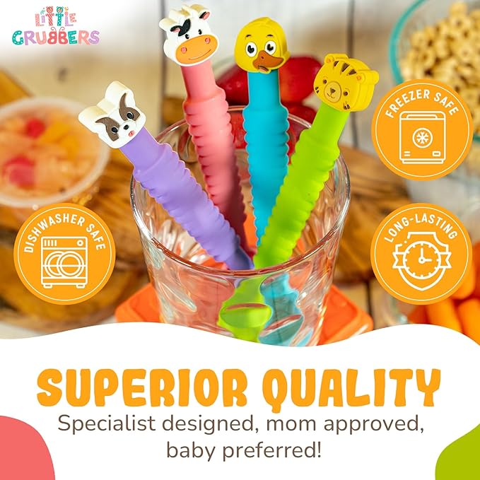 Little Grubbers 3-in-1 Silicone Baby Spoon Self Feeding 6+ Months - Pediatric OT Designed Teether Spoon, BPA Free Toddler Utensils, Mess-Free, Fun for Baby Led Weaning Supplies, Cow & Tiger