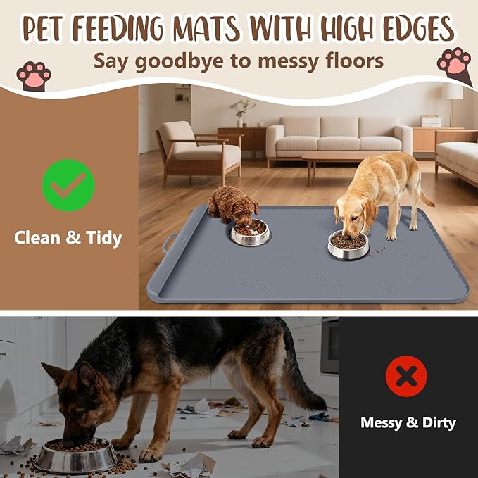 Bartuke Dog Food Mat with Collection Pocket, 42''x28'' Extra Large Silicone Pet Feeding Mat for Food and Water, Waterproof Anti-Slip Dog Mat with Edge and Handle, Pet Placement for Floor (Dark Grey)