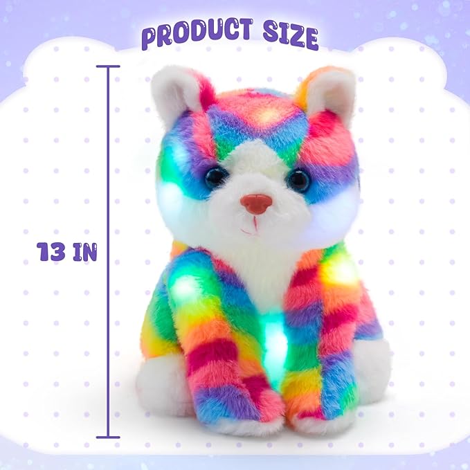 Glow Guards Light up Rainbow Cat Stuffed Animal Soft Kitty Plush Toy with LED Night Light Christmas Children's Day Birthday Gifts for Toddlers Kids Boys and Girls Children, 13''