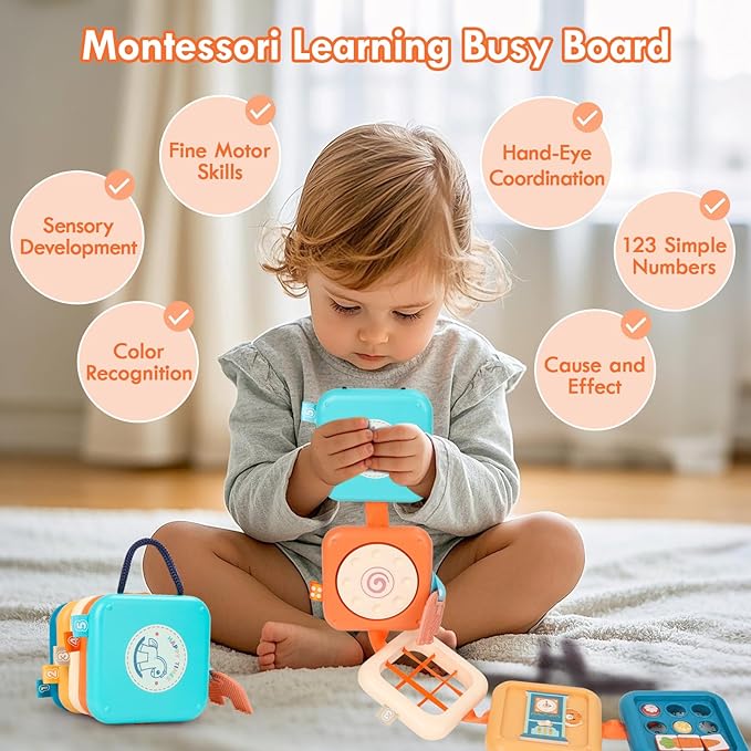 Montessori Busy Board for 1 Year Old, Toddlers Travel Toys for Ages 1–3, Sensory Activity Board for Airplane and Car, Baby Gifts for Boys Girls, Easter Basket & Stocking Stuffers