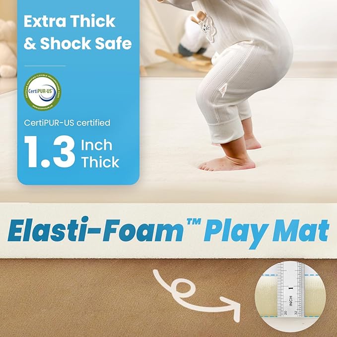 1.3" Thick Baby Floor Play Mat, 59x79 Padded Foam Tummy Time Crawling Mat, Non-Slip Water-Repellent Soft Plush Nursey Area Rug for Playroom Bedroom Living Room (Ivory)