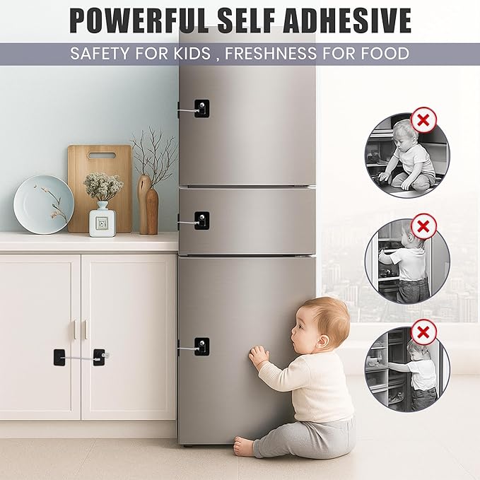 2Pcs Refrigerator Lock with Keys, Child Proof Cabinet Lock With Strong Adhesive, ABS Plastic & Stainless Steel Wire, Multi-Purpose Baby Proof for Fridge, Freezer, Cabinets, Drawers, Oven, Toilet & RVs