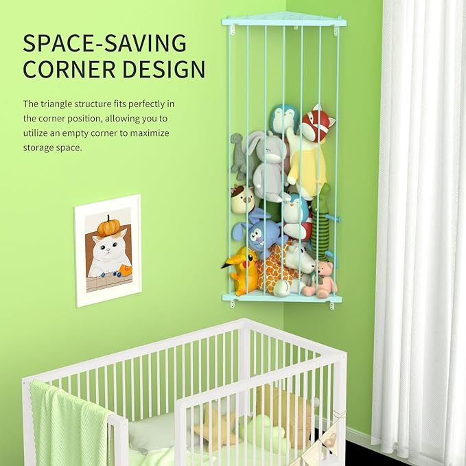 Stuffed Animal Storage Shelf Organizer(Patented) - Corner Stuffed Animal Holder Length Adjustable - Wall Plush Storage for Nursery Playroom Bedroom Kids Room (Macaroon Blue, Standard)