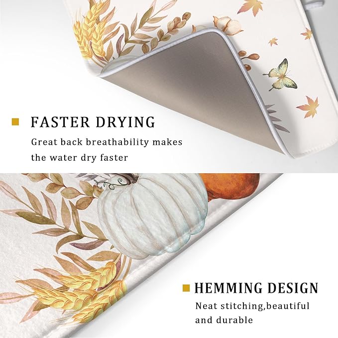 Fall Pumpkin Maple Dish Drying Mat for Kitchen Counter,Autumn Butterflies Harvest Drying Mat 18 x 24 Inch with Absorbent Reversible Microfiber Dish Drying Pad Dish Rack Drainer Mat for Coffee Bar