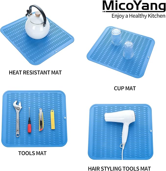 MicoYang Silicone Dish Drying Mat for Multiple Usage,Easy clean,Eco-friendly,Heat-resistant Silicone Mat for Kitchen Counter or Sink,Refrigerator or Drawer Liner Lichen BlueL 2XL 24 inches x 18 inches