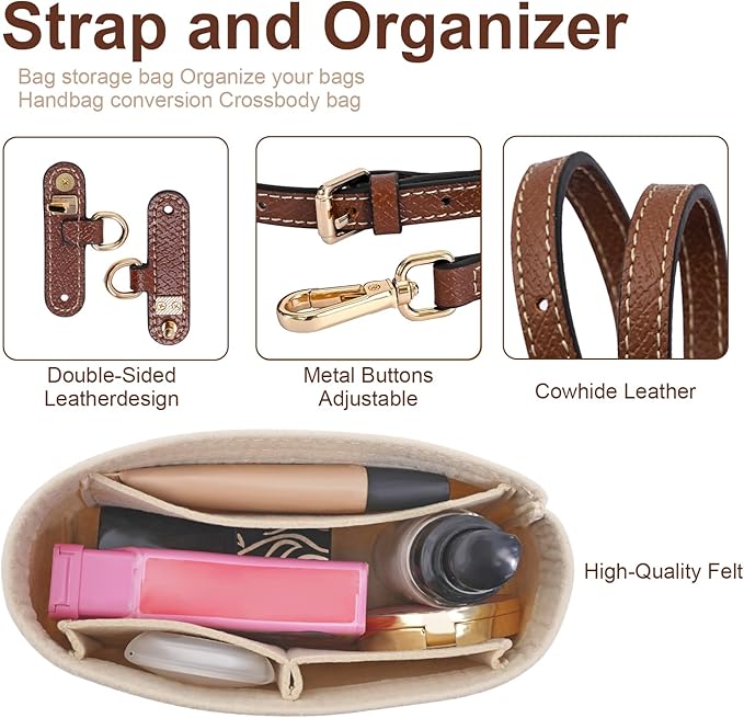 LOUKAYCCI 2 Kit Mini Bag Leather Shoulder Strap and Felt Purse Organizer Insert for Longchamp mini XS Bag Punch-Free Adjustable Buckle Design（Beige & Strap）